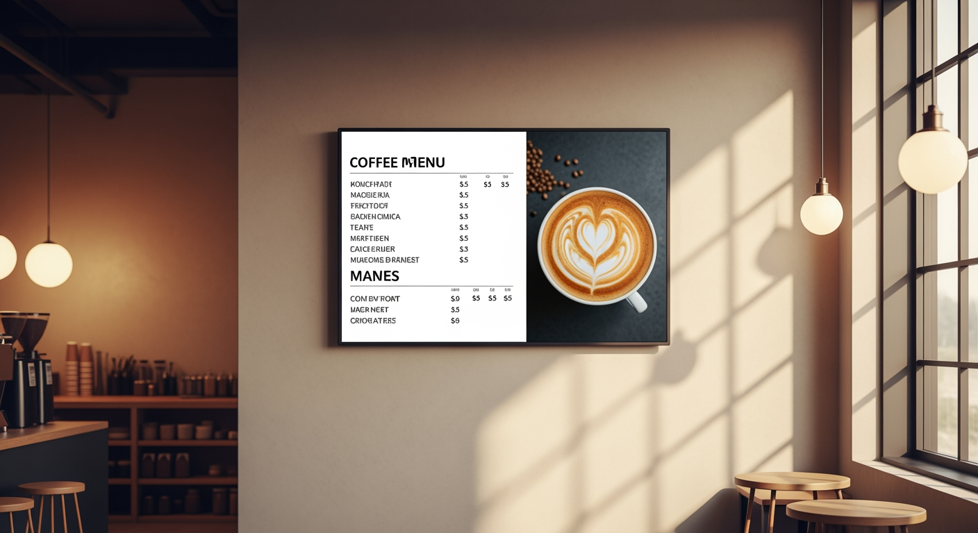 A digital menu board running on a TV inside a modern coffee shop