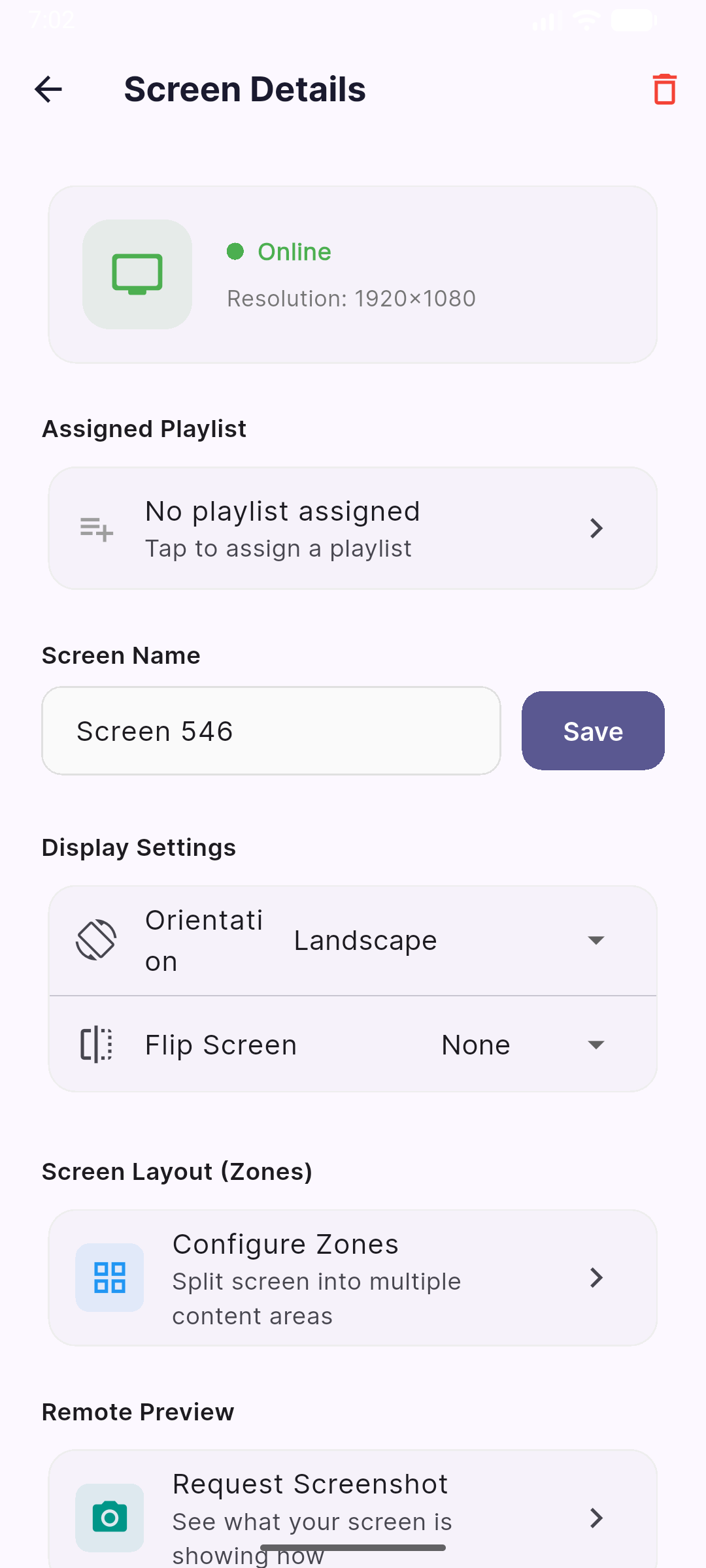 Screen details screen with zones, orientation and remote preview