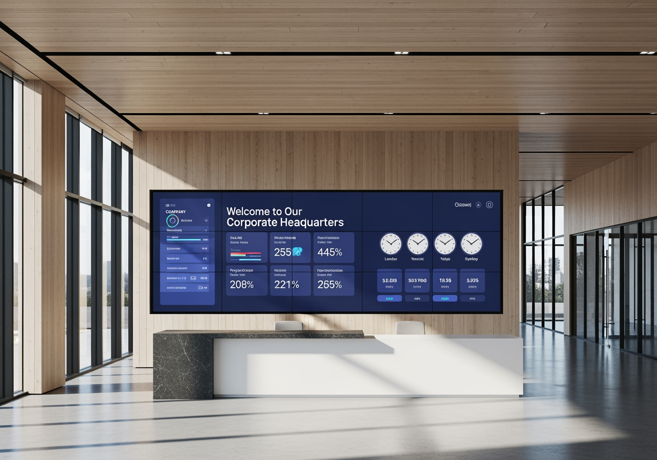 Corporate lobby video wall with KPIs and welcome message